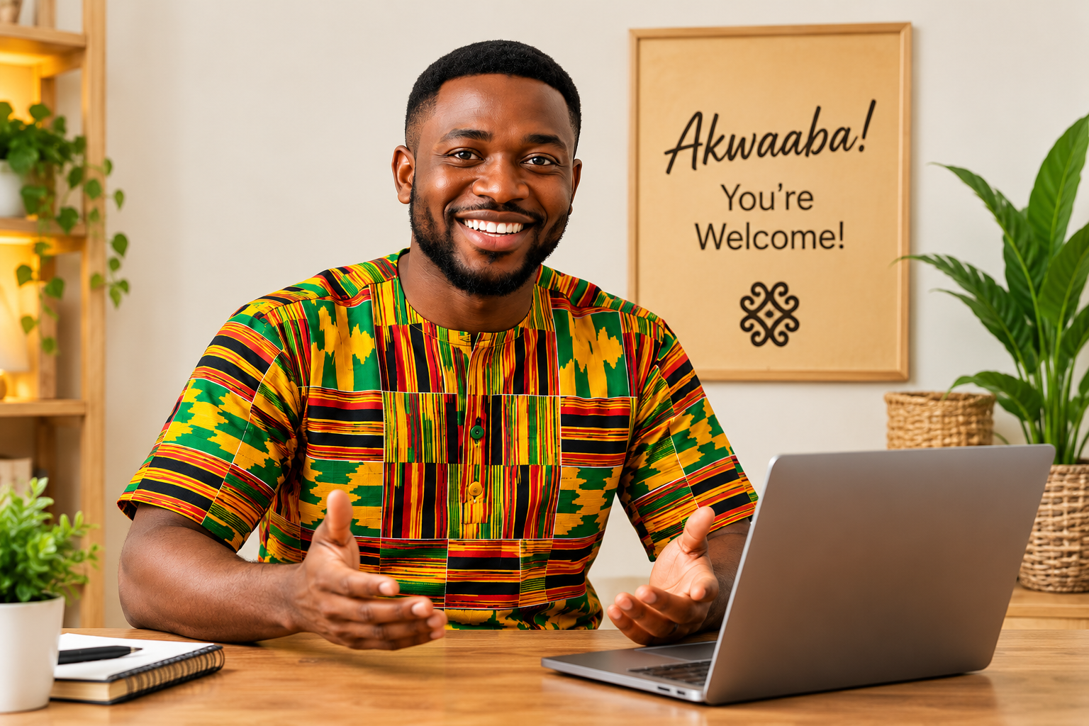 Kofi, wearing Kente, smiling at his desk with a laptop